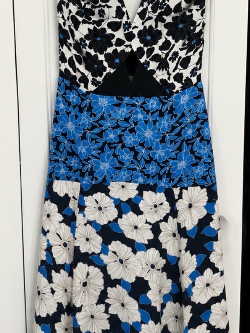 Reiss Strapless Black, White & Blue Floral Midi Dress
